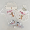 Set Nascita Personalizzato. Body, Scarpette, Bavaglino, Cappellino.